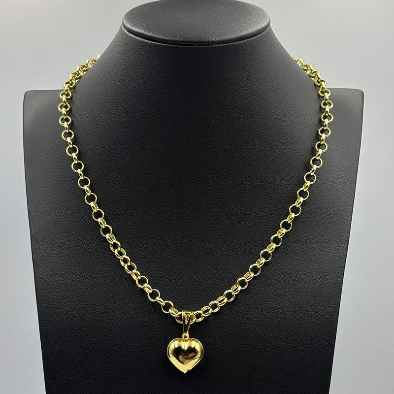 CORRENTE ELO PORTUGUÊS 4MM (45CM) + PINGENTE CORAÇÃO BOLEADO PEQUENO - BANHADO A OURO 18K