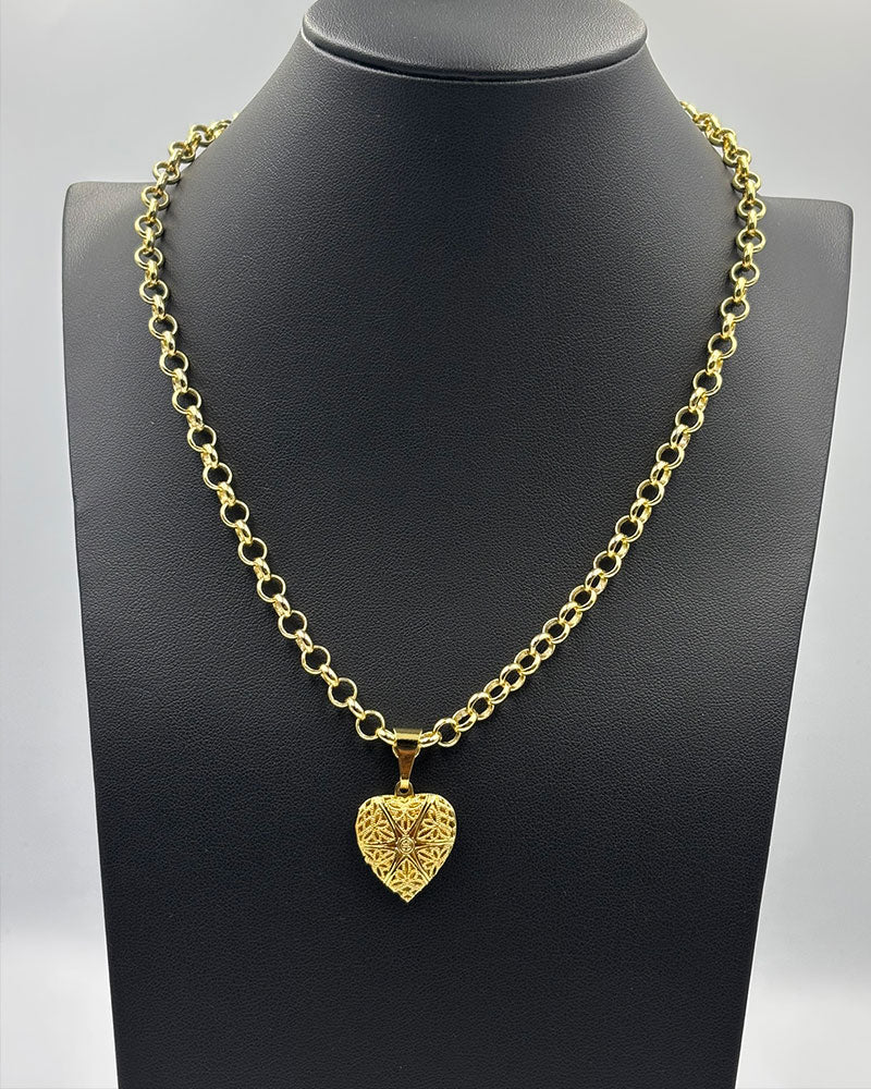 CORRENTE ELO PORTUGUÊS 4MM (45CM) + PINGENTE CORAÇÃO RELICÁRIO MÉDIO - BANHADO A OURO 18K