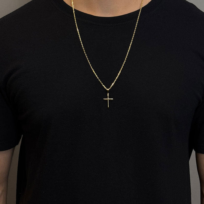 CORRENTE CADEADO 2MM - 70CM + PINGENTE CRUZ PONTEADA LISA - BANHADO A OURO 18K