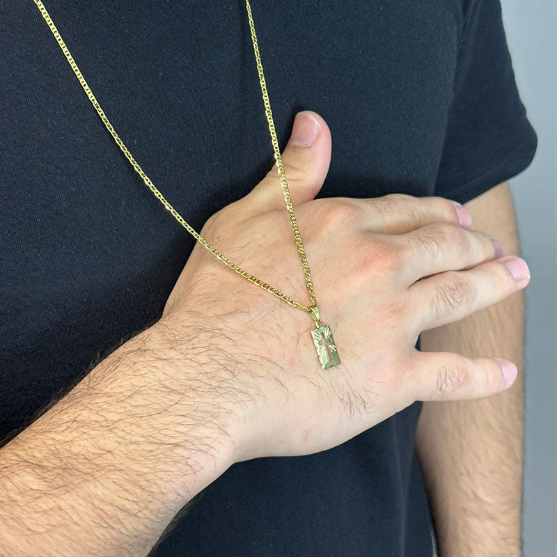 CORRENTE PIASTRINE 2MM - 70CM + PINGENTE CRUZ VAZADA - BANHADO A OURO 18K