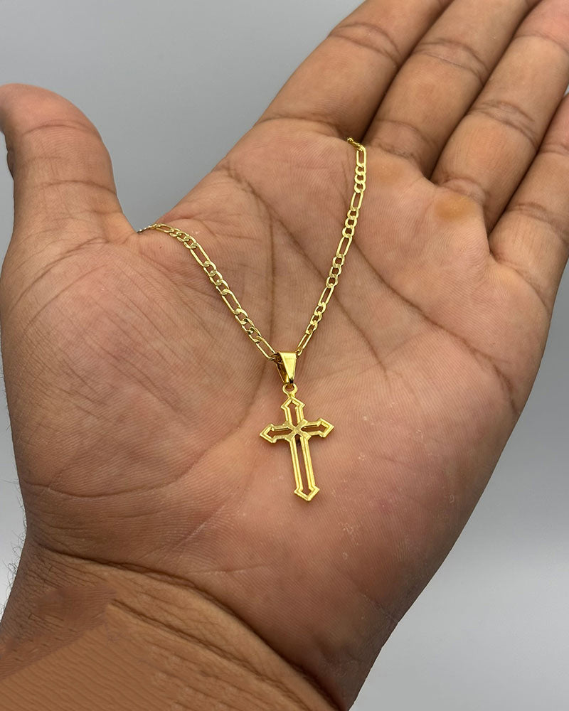 CORRENTE 3X1 2MM - 70CM + PINGENTE CRUZ VAZADA DE 3 PONTAS - BANHADO A OURO 18K