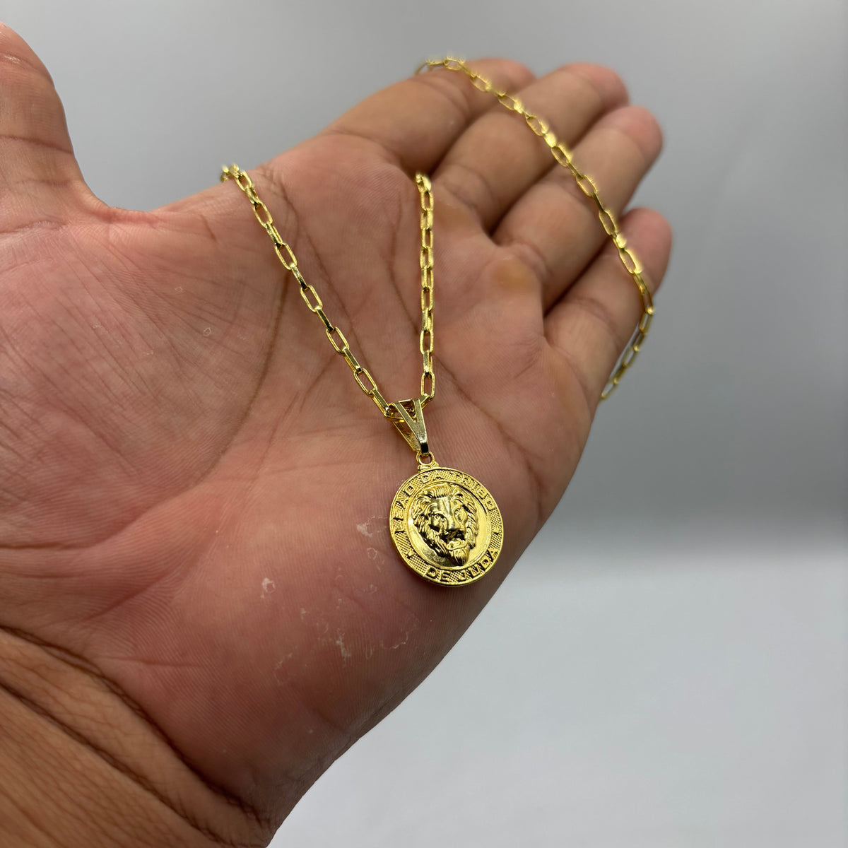 CORRENTE TIJOLINHO 2MM - 70CM + PINGENTE MEDALHA LEÃO DA TRIBO DE JUDÁ - BANHADO A OURO 18K