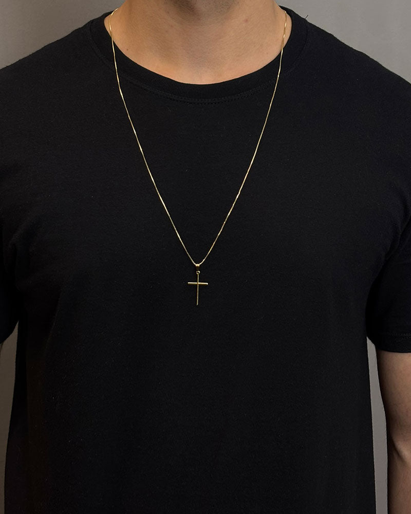 CORRENTE VENEZIANA 1MM - 70CM + PINGENTE CRUZ PALITO PEQUENA - 2,5CM - BANHADO A OURO 18K -
