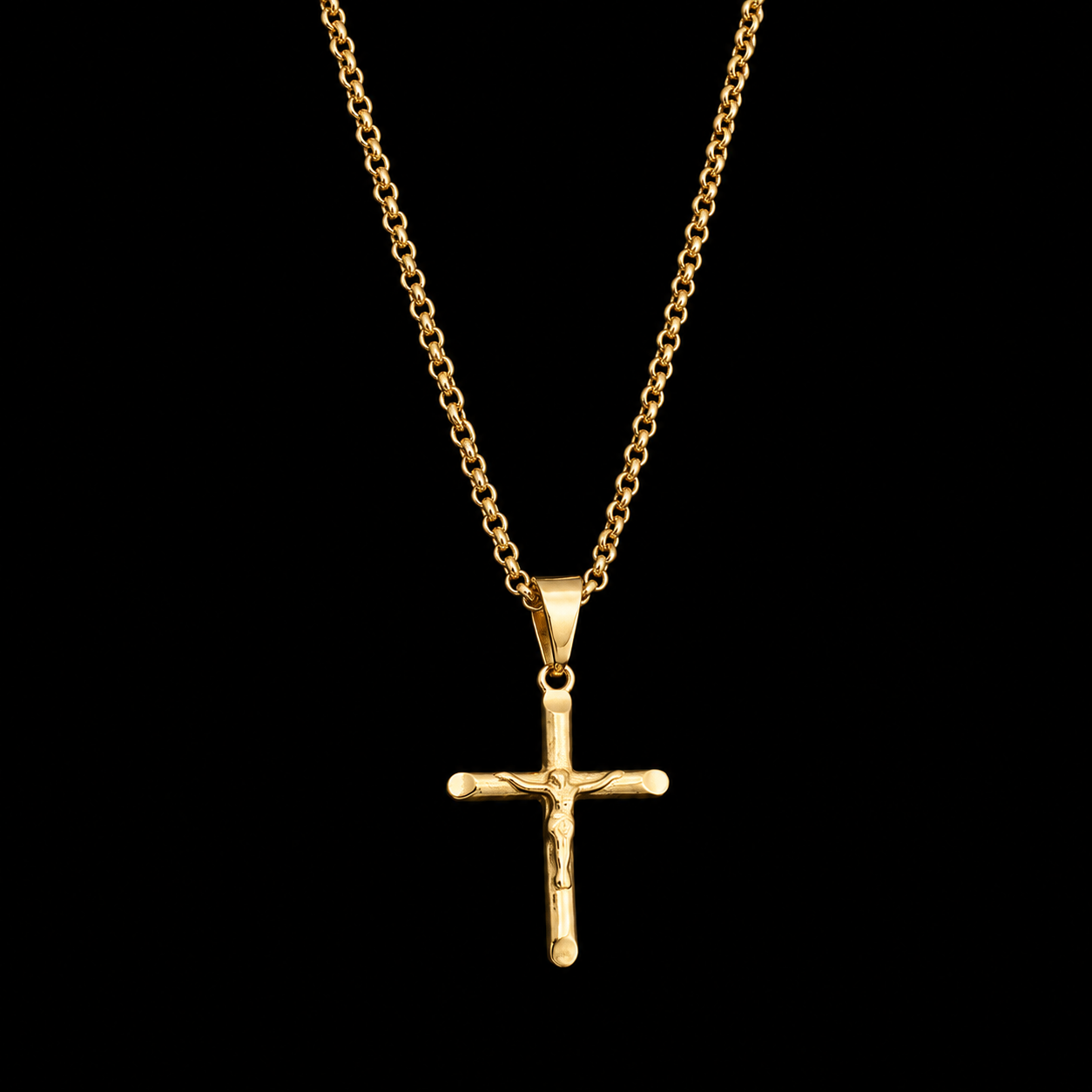 CORRENTE ELO PORTUGUÊS 2MM - 70CM + PINGENTE CRUZ PONTEADA COM CRISTO (BANHADO A OURO 18K)