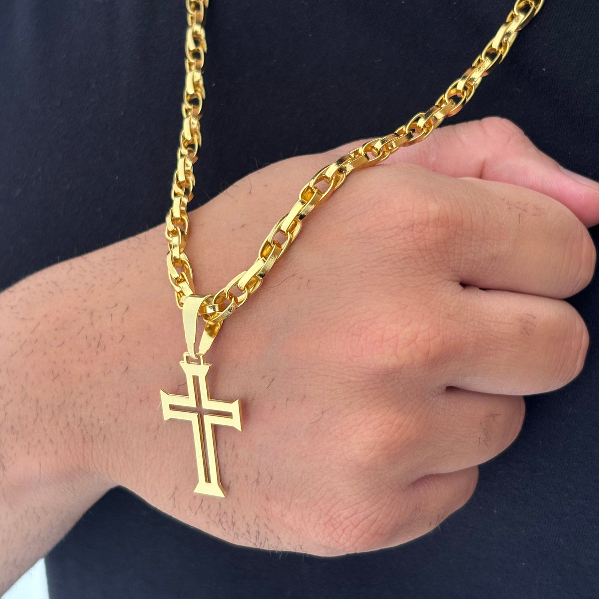 CORRENTE ELO DUPLO 5MM - 70CM  + PINGENTE CRUZ DE MALTA - BANHADO A OURO 18K (BANHADO A OURO 18K)