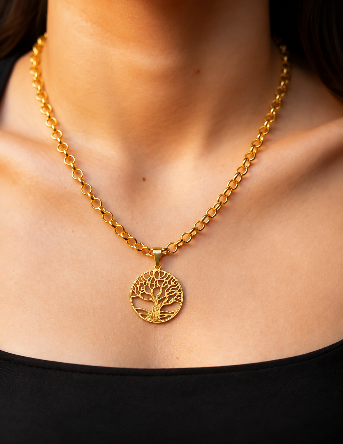 CORRENTE ELO PORTUGUÊS 4MM (45CM) + PINGENTE ARVORE DA VIDA - BANHADO A OURO 18K