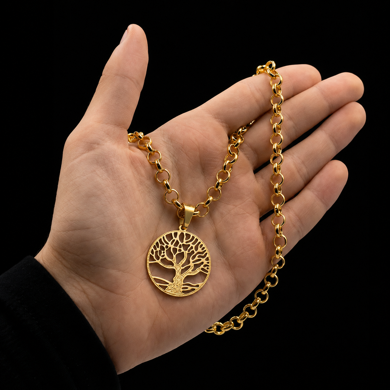 CORRENTE ELO PORTUGUÊS 4MM (45CM) + PINGENTE ARVORE DA VIDA - BANHADO A OURO 18K