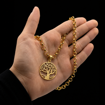 CORRENTE ELO PORTUGUÊS 4MM (45CM) + PINGENTE ARVORE DA VIDA - BANHADO A OURO 18K
