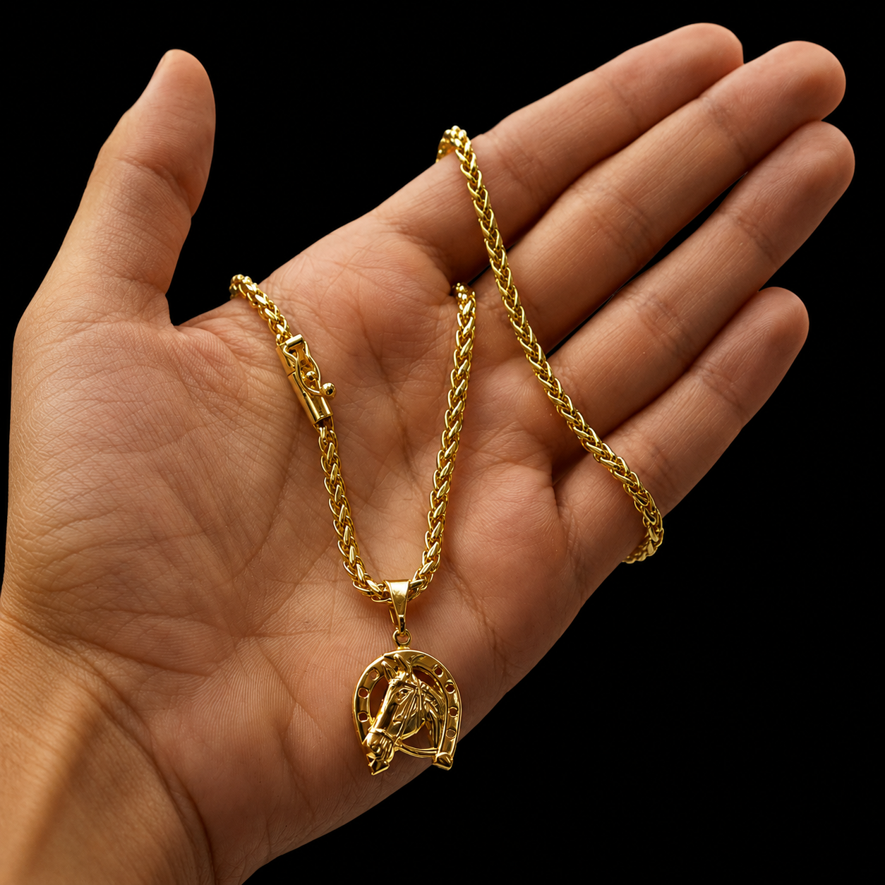 CORRENTE PERUANA 3MM - 45CM (FECHO BOMBA) + PINGENTE FERRADURA M - BANHADO A OURO 18K