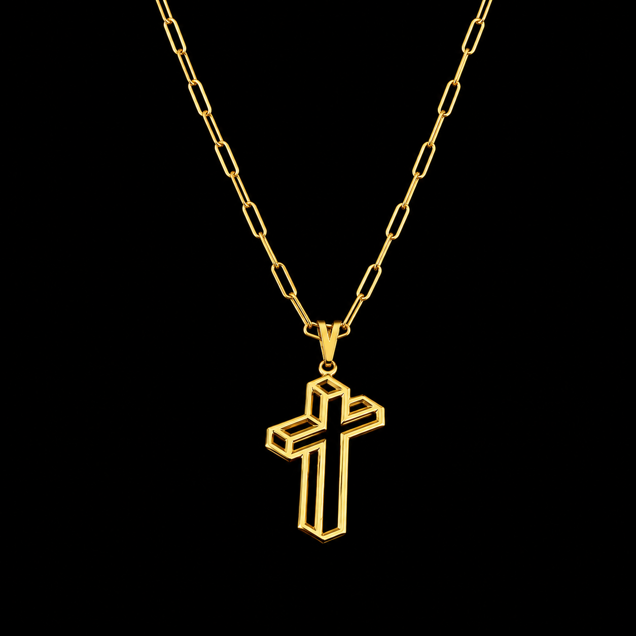 CORRENTE TIJOLINHO DE QUINA 2MM - 70CM (FECHO ITALIANO) + PINGENTE CRUZ 3D (BANHADO A OURO 18K)