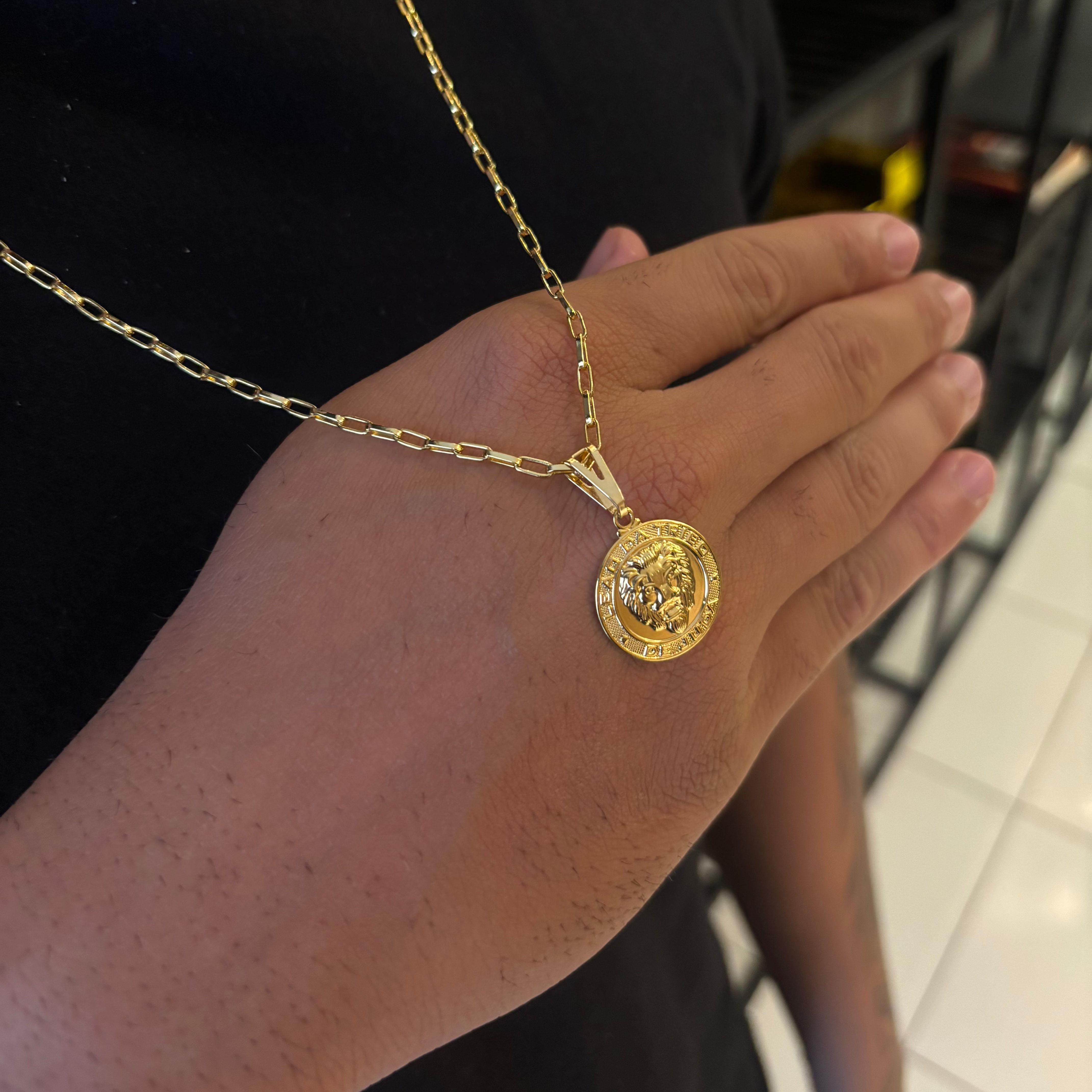 CORRENTE TIJOLINHO 2MM - 70CM + PINGENTE MEDALHA LEÃO DA TRIBO DE JUDÁ - BANHADO A OURO 18K