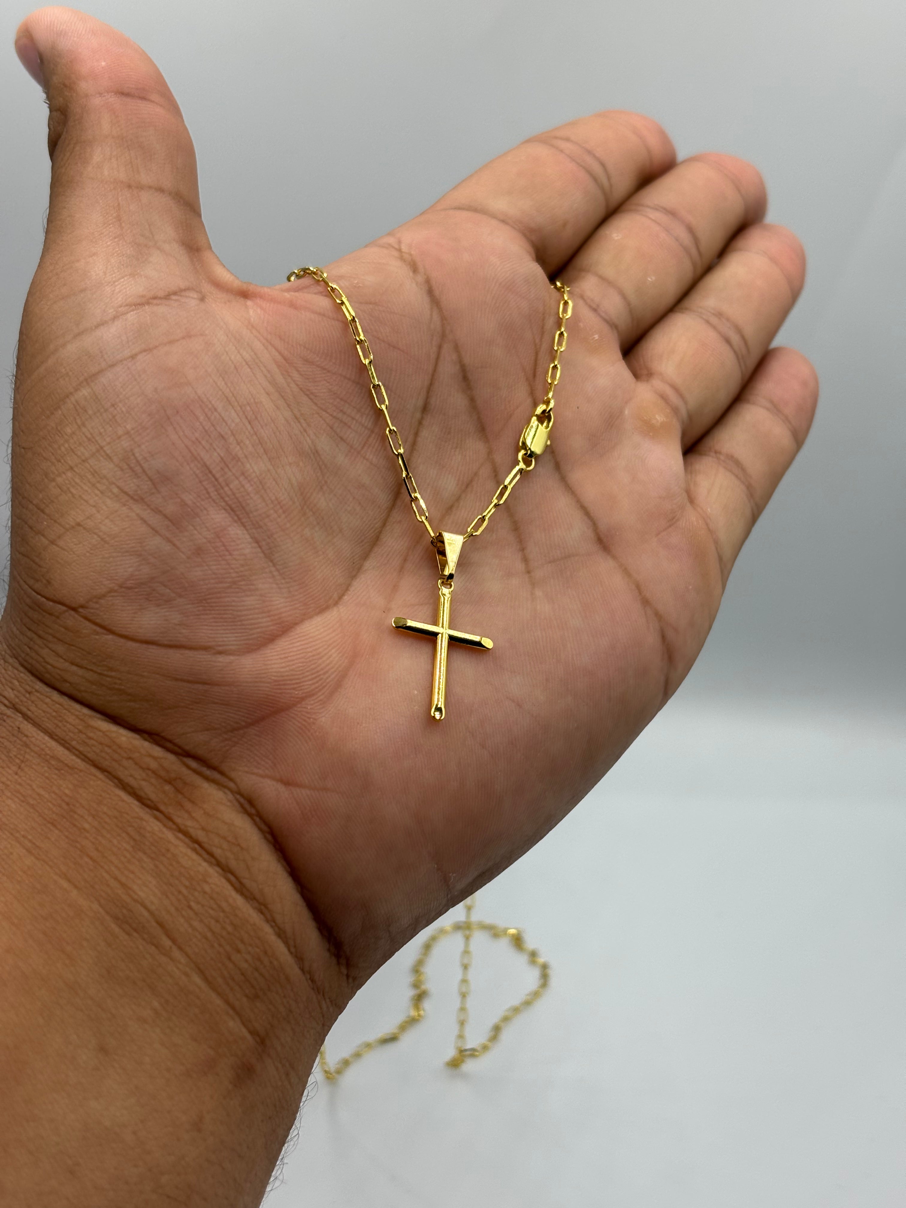 CORRENTE TIJOLINHO DE QUINA 2MM - 70CM + PINGENTE CRUZ PONTEADA LISA ( BANHADO A OURO 18K