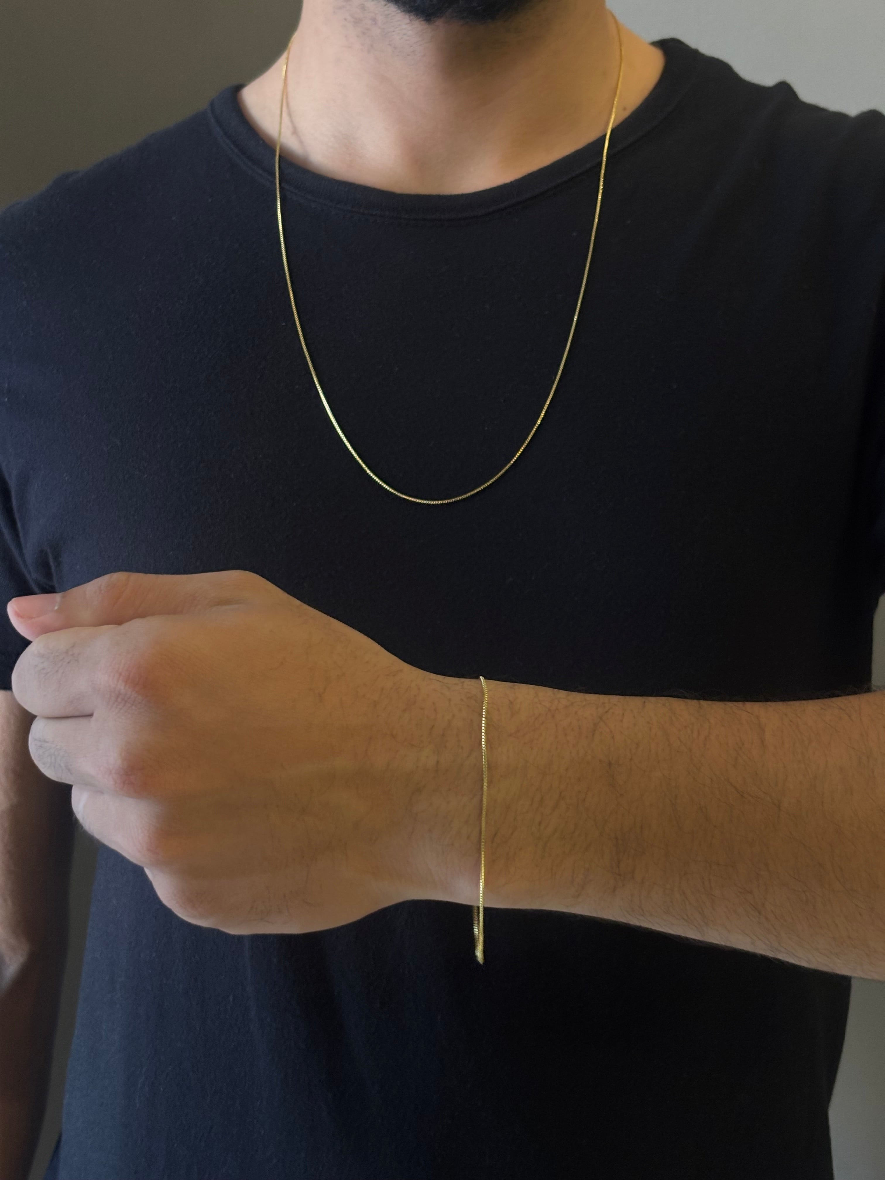 CORRENTE VENEZINA 1MM - 70CM + PULSEIRA VENEZIANA 1MM - 21CM (FECHO BOIA) - BANHADO A OURO 18K