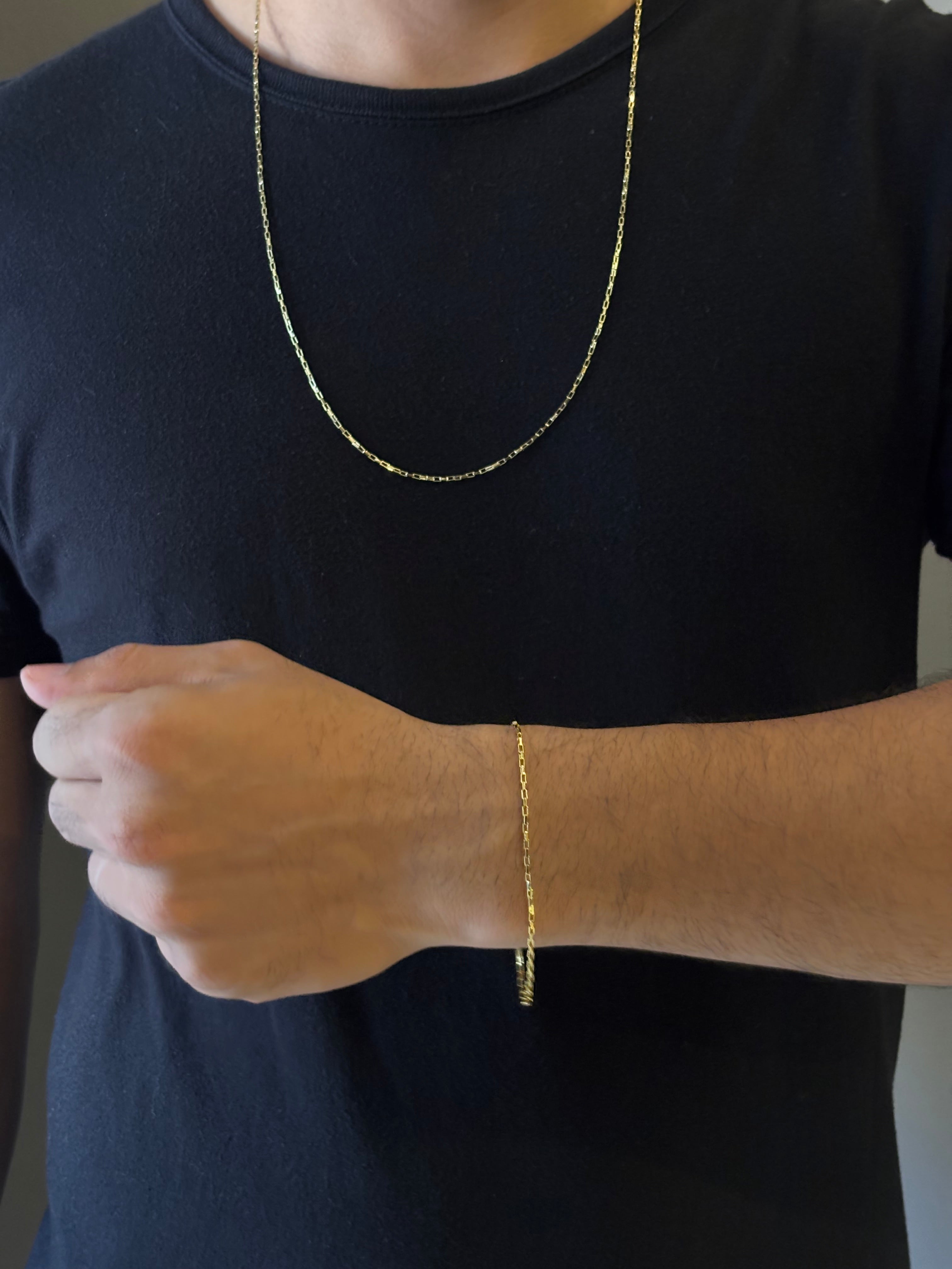 CORRENTE TIJOLINHO 1,5MM - 70CM + PULSEIRA TIJOLINHO 1,5MM - 21CM - (FECHO BOIA) BANHADO A OURO 18K