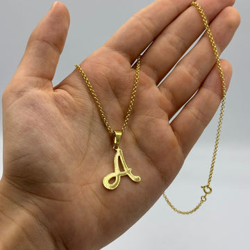 CORRENTE ELO PORTUGUÊS 2MM - 45CM + PINGENTE LETRA A VAZADA - BANHADO A OURO 18K