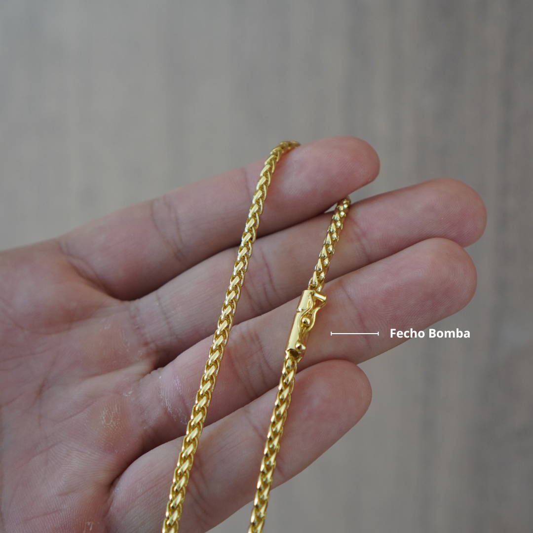 CORRENTE PERUANA 3MM - 70CM (FECHO BOMBA) + PINGENTE PEPITA MÉDIA - 2,5CM (BANHADO A OURO 18K)