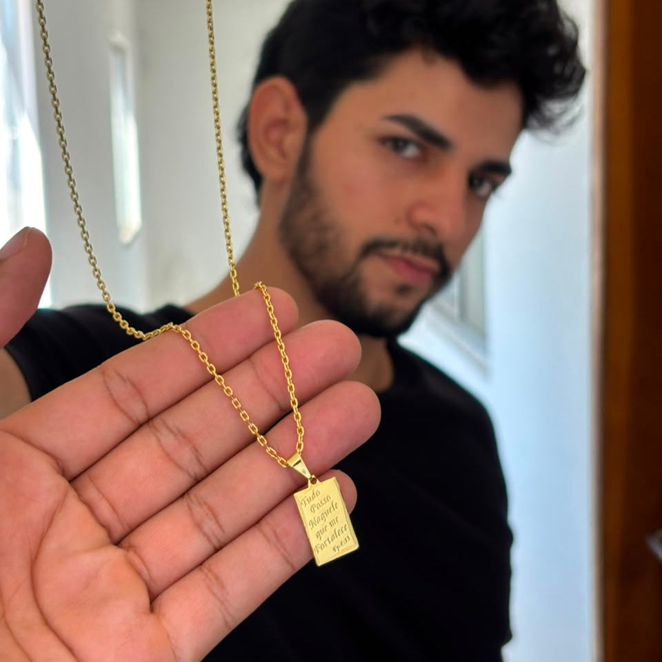 CORRENTE CADEADO 2MM - 70CM + PINGENTE TUDO POSSO - BANHADO A OURO 18K