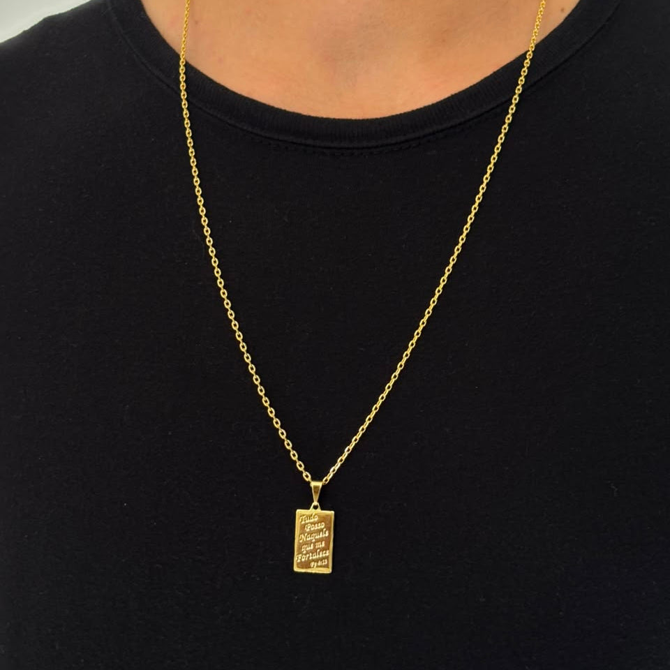 CORRENTE CADEADO 2MM - 70CM + PINGENTE TUDO POSSO - BANHADO A OURO 18K