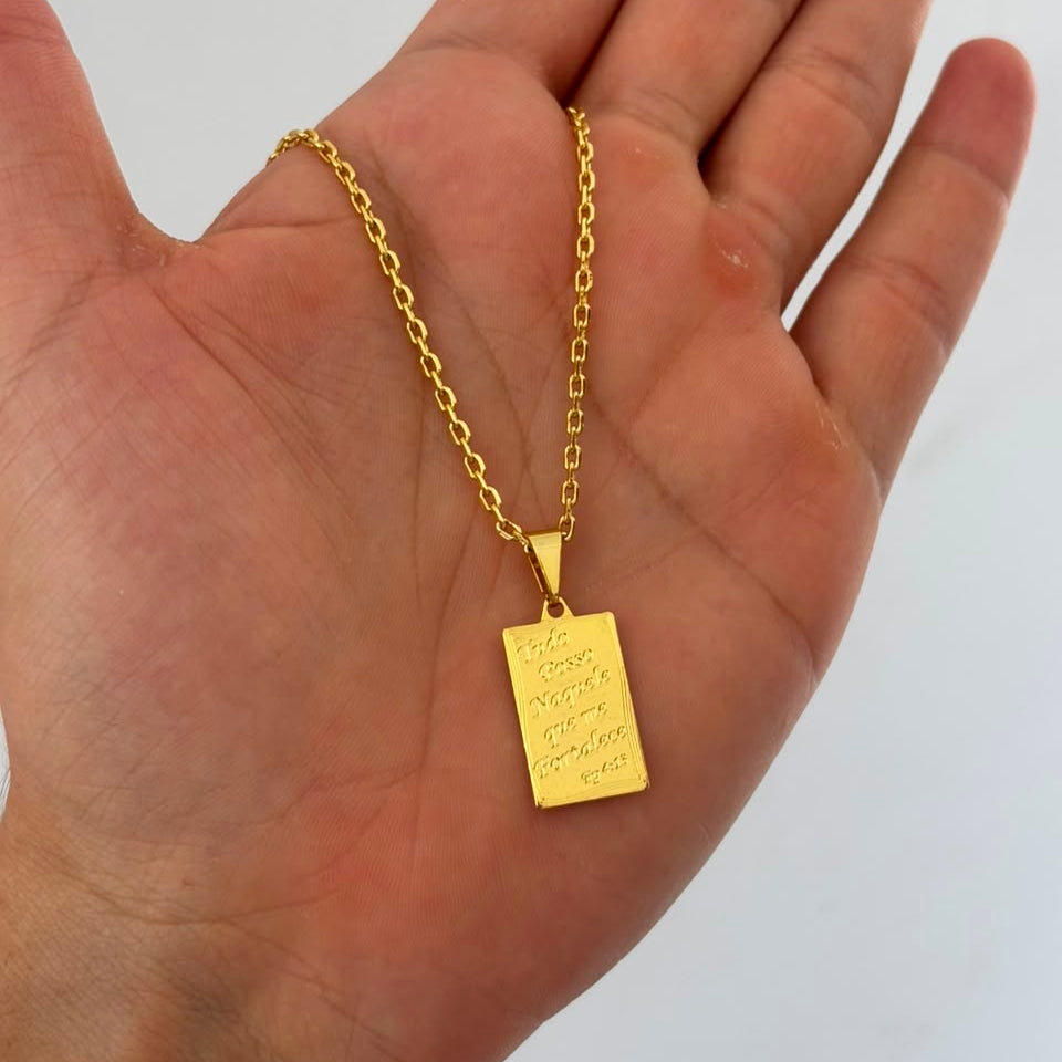 CORRENTE CADEADO 2MM - 70CM + PINGENTE TUDO POSSO - BANHADO A OURO 18K
