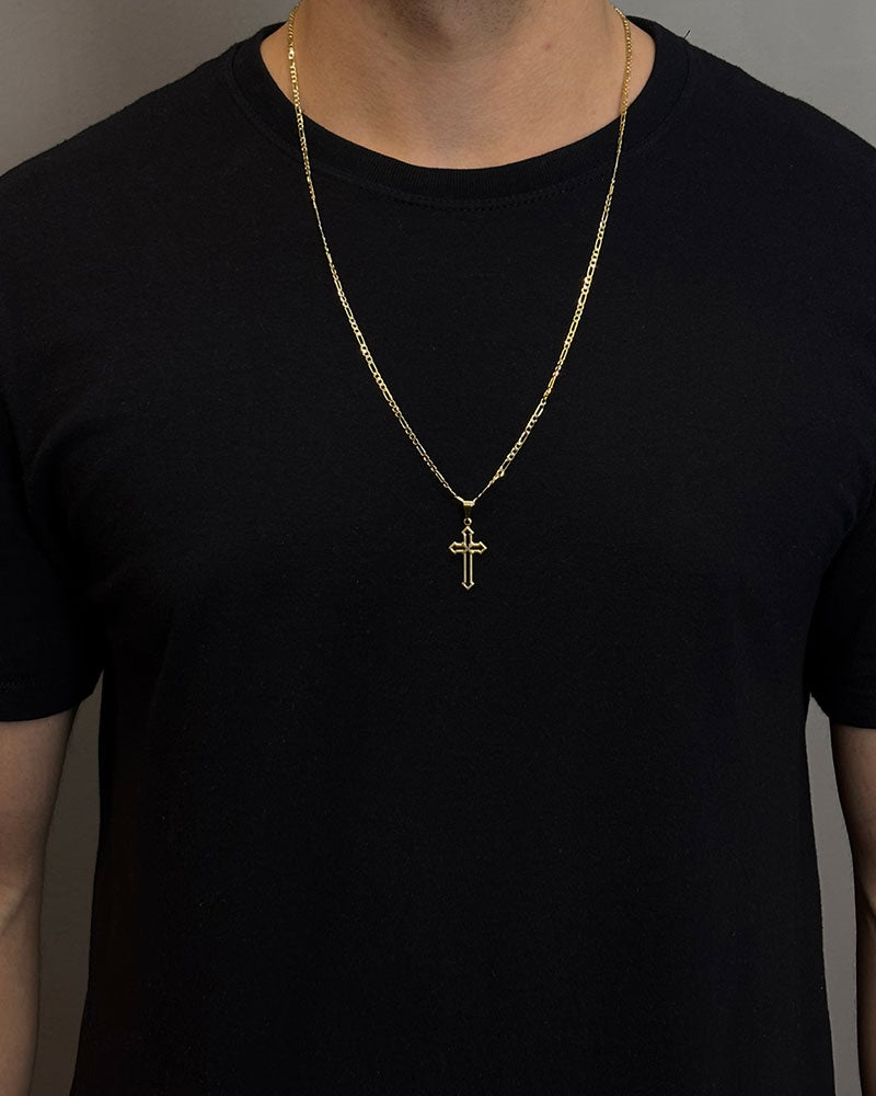 CORRENTE 3X1 2MM - 70CM + PINGENTE CRUZ VAZADA DE 3 PONTAS - BANHADO A OURO 18K