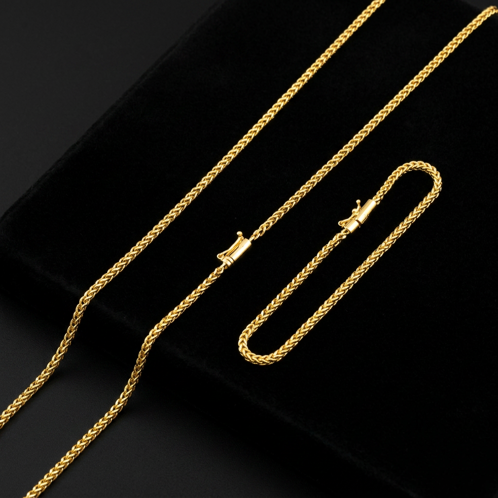 CORRENTE PERUANA 3MM - 70CM E PULSEIRA PERUANA 3MM - 21CM (FEHCO BOMBA) - BANHADO A OURO 18K
