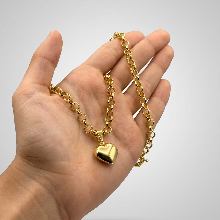 CORRENTE ELO PORTUGUÊS 4MM (45CM) + PINGENTE CORAÇÃO BOLEADO PEQUENO - BANHADO A OURO 18K