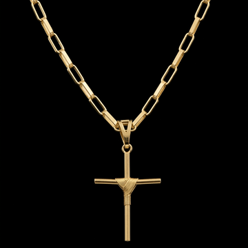 CORRENTE TIJOLINHO 4MM - 70CM (FECHO BOMBA) + PINGENTE CRUZ ENROLADA MÉDIA (BANHADO A OURO 18K)
