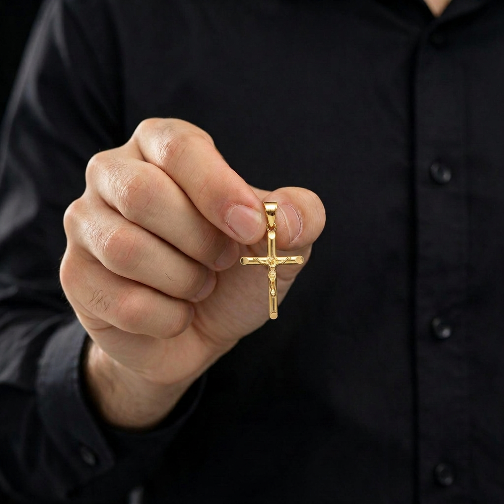 PINGENTE CRUZ PONTEADA COM CRISTO - BANHADO A OURO 18K