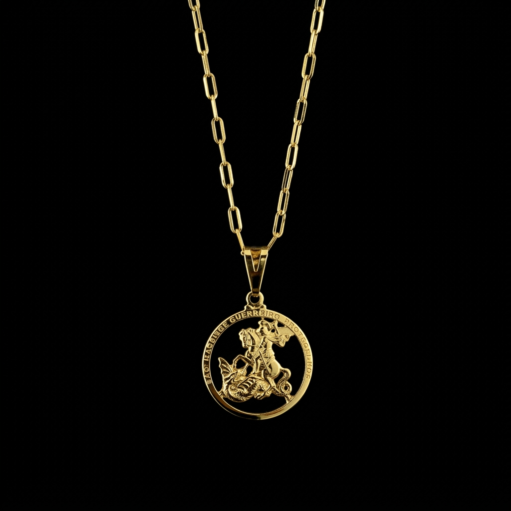 CORRENTE TIJOLINHO DE QUINA 2MM - 70CM (FECHO ITALIANO) + PINGENTE SÃO JORGE NO ARO COM ORAÇÃO P - BANHADO A OURO 18K