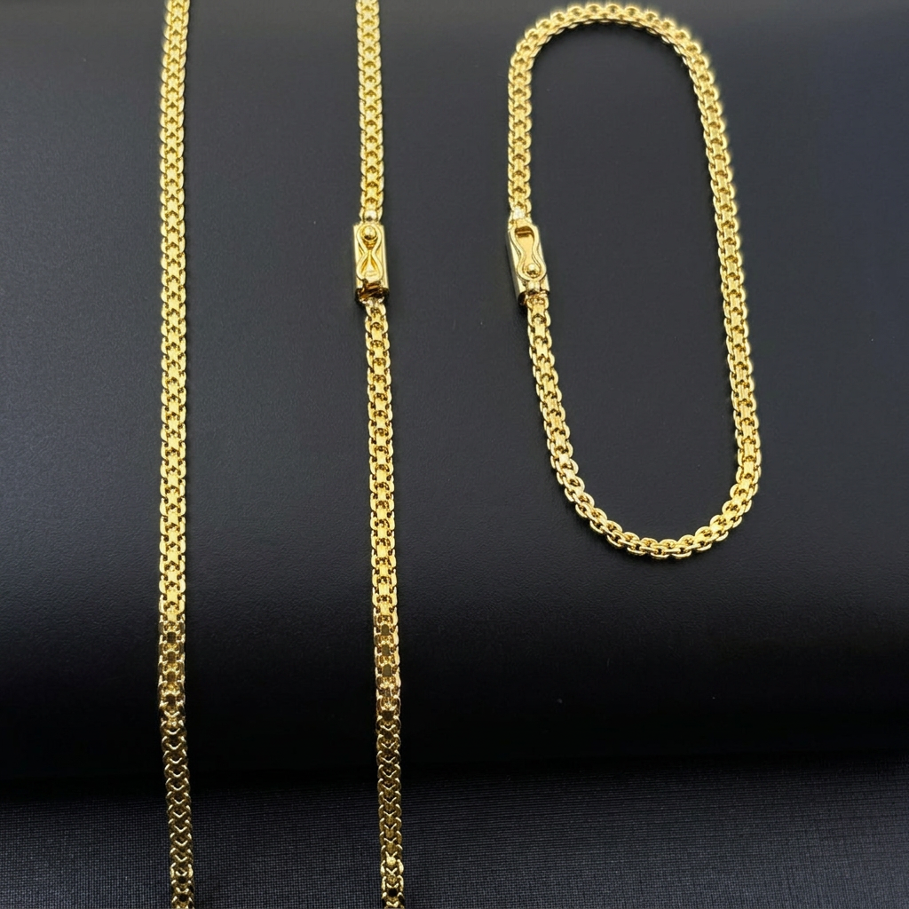 CORRENTE CADEADO DUPLO 3MM - 70CM + PULSEIRA CADEADO DUPLO 3MM - 21CM (FECHO GAVETA) - BANHADO A OURO 18K