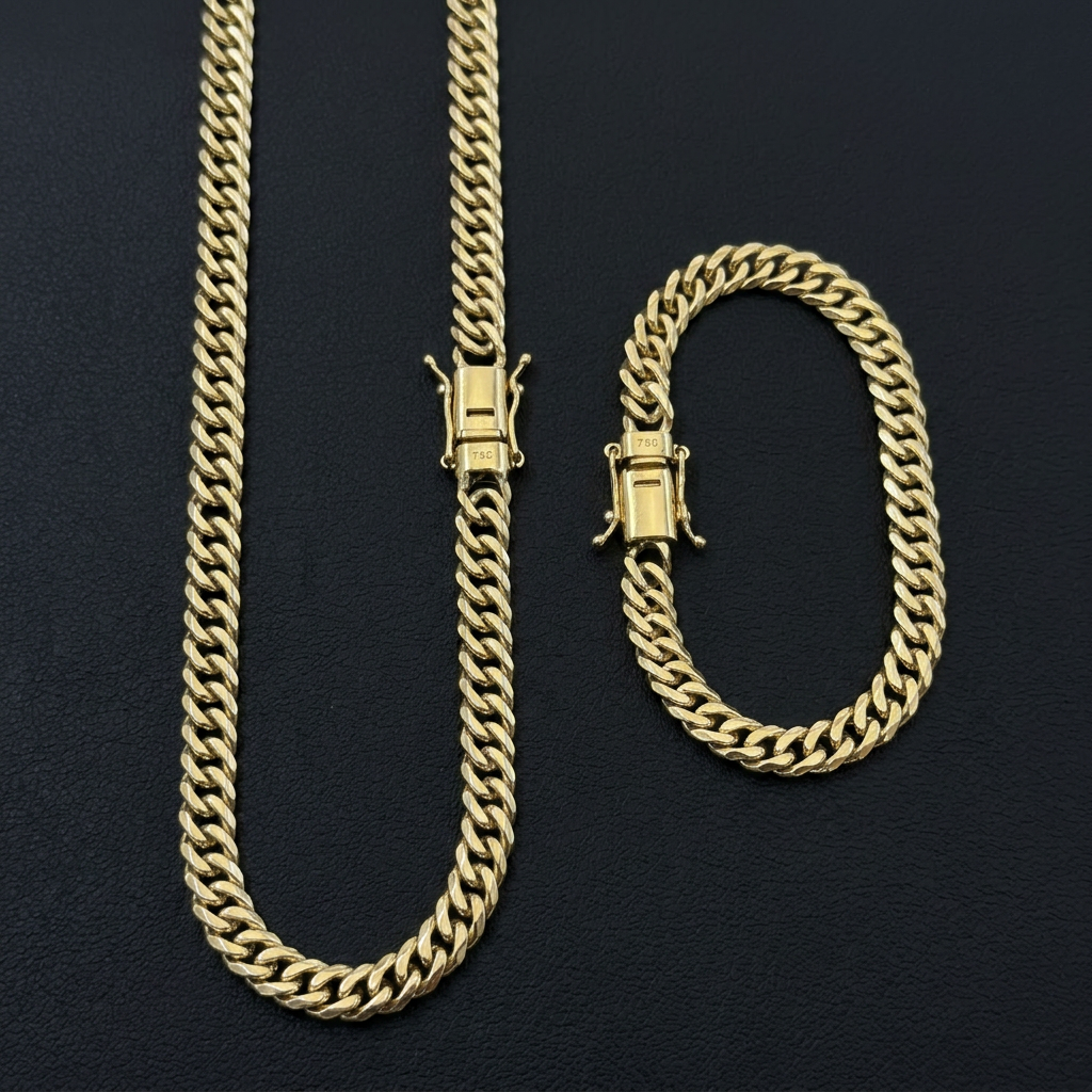 CORRENTE GRUMET 6MM - 70CM + PULSEIRA GRUMET 6MM - 21CM (FECHO GAVETA) - BANHADO A OURO 18K