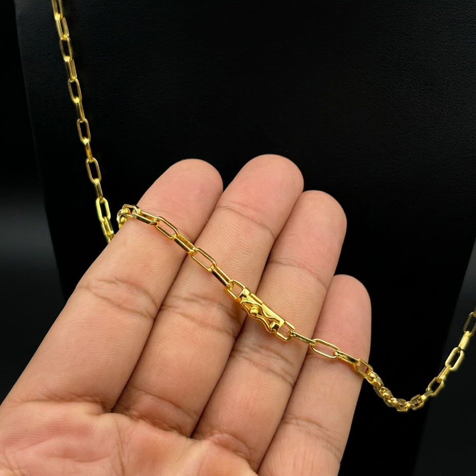 CORRENTE TIJOLINHO 4MM - 70CM (FECHO BOMBA) - BANHADO A OURO 18K