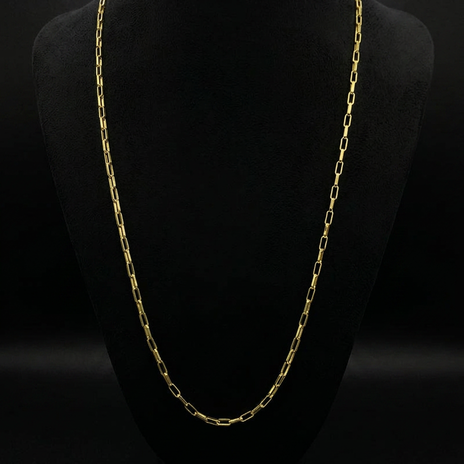 CORRENTE TIJOLINHO 4MM - 70CM (FECHO BOMBA) - BANHADO A OURO 18K