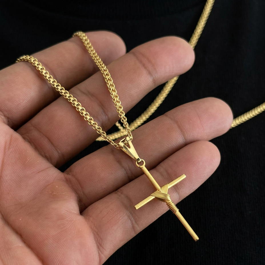 CORRENTE CADEADO DUPLO 3MM - 70CM (FECHO GAVETA) + PINGENTE CRUZ ENROLADA MÉDIO - 3,5x2cm - BANHADO A OURO 18K