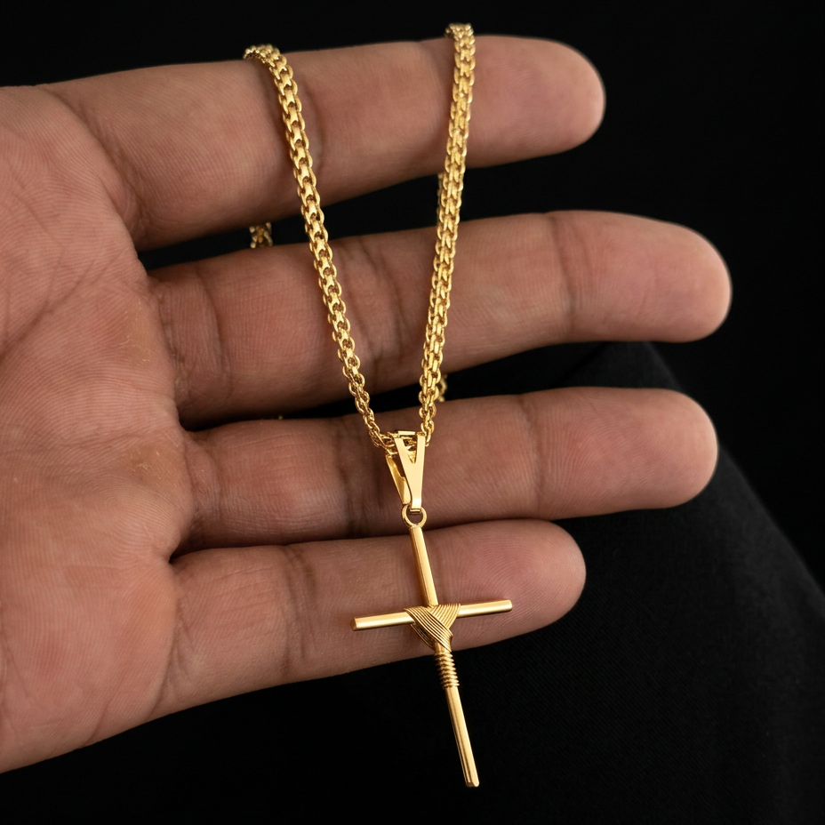 CORRENTE CADEADO DUPLO 3MM - 70CM (FECHO GAVETA) + PINGENTE CRUZ ENROLADA MÉDIO - 3,5x2cm - BANHADO A OURO 18K