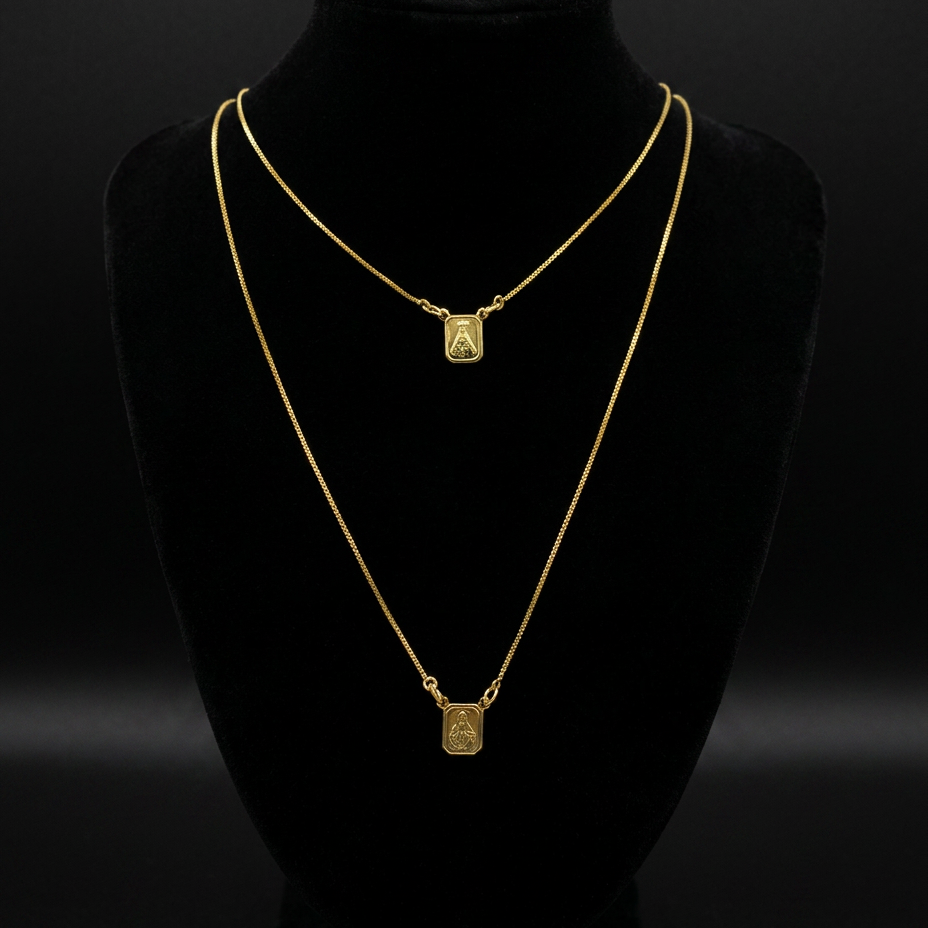 ESCAPULÁRIO NOSSA SENHORA APARECIDA E SAGRADO CORAÇÃO P (VENEZIANA 1MM) - 70CM - BANHADO A OURO 18K