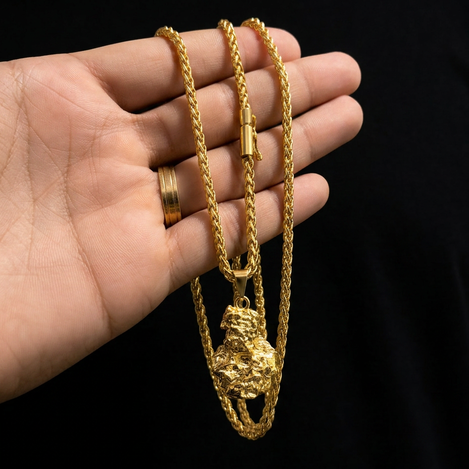 CORRENTE PERUANO 3MM - 70CM (FECHO BOMBA) + PINGENTE PEPITA PEQUENA - 2,5CM (BANHADO A OURO 18K)