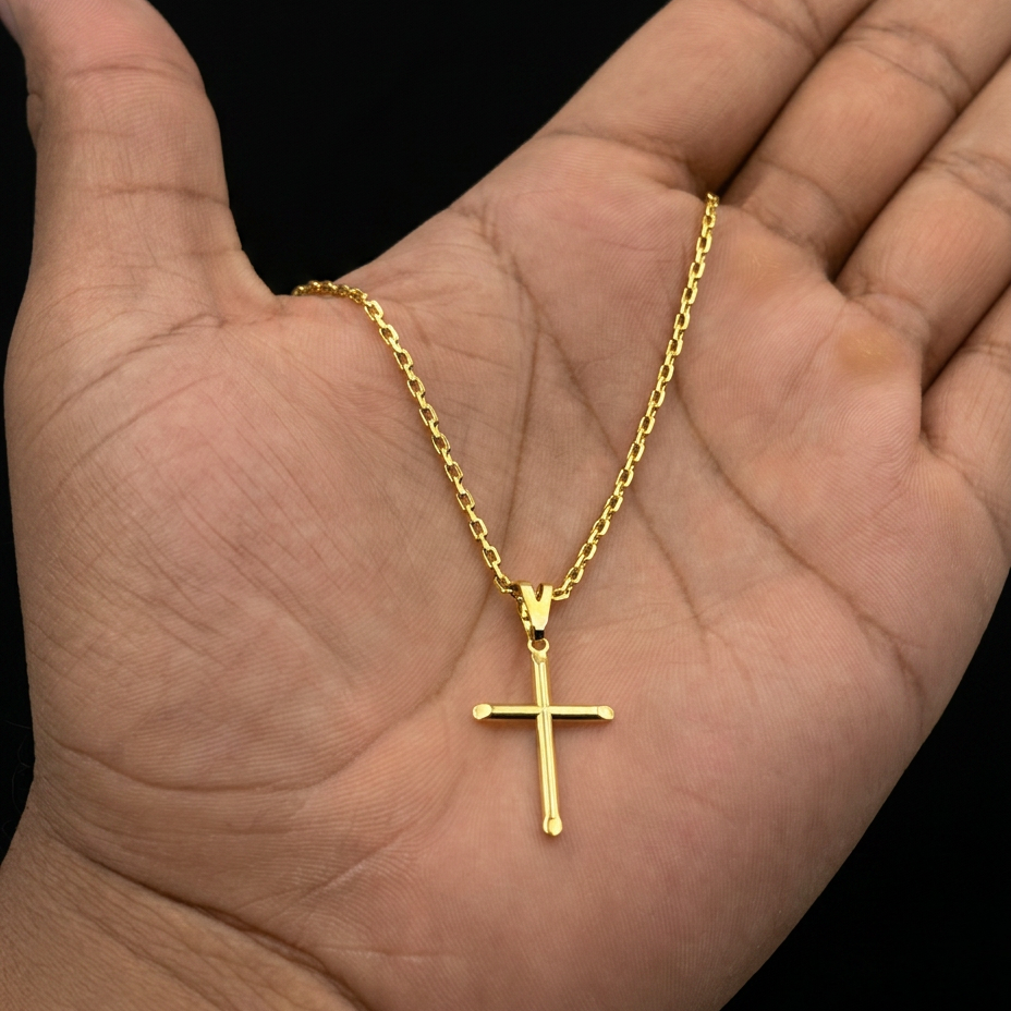 CORRENTE CADEADO 2MM - 70CM + PINGENTE CRUZ PONTEADA LISA - BANHADO A OURO 18K