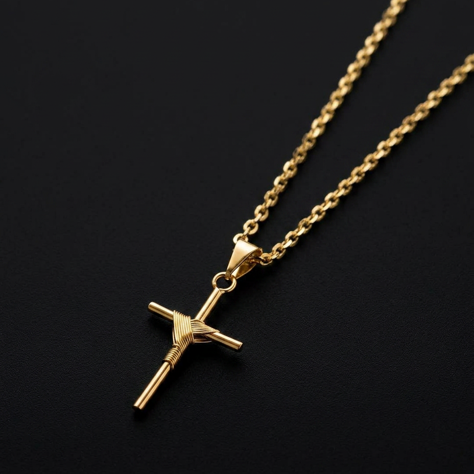 CORRENTE CADEADO 2MM - 70CM + PINGENTE CRUZ PONTEADA LISA - BANHADO A OURO 18K