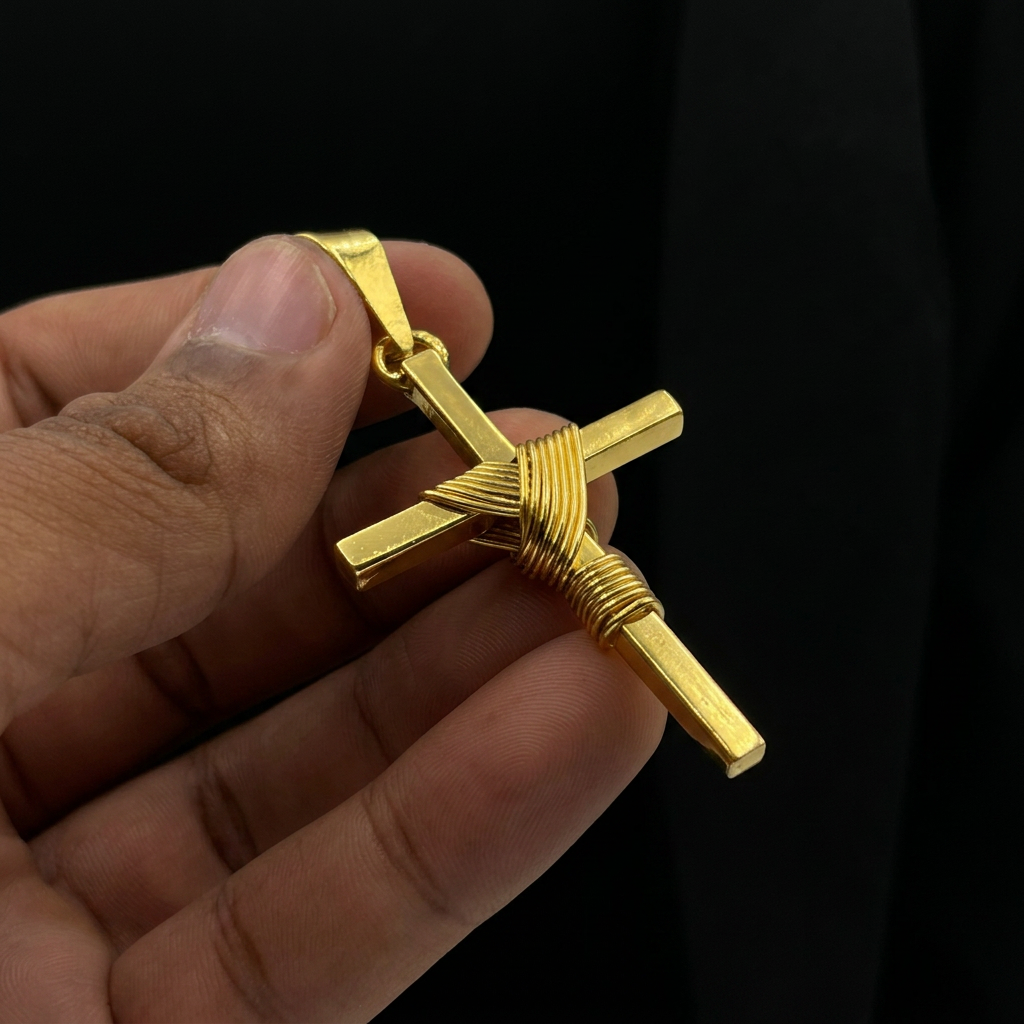 PINGENTE CRUZ ENROLADA ROBUSTA - 6X3,5CM - BANHADO A OURO 18K