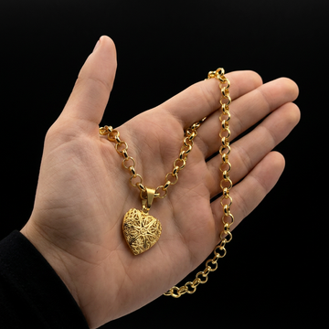 CORRENTE ELO PORTUGUÊS 4MM (45CM) + PINGENTE CORAÇÃO RELICÁRIO MÉDIO - BANHADO A OURO 18K