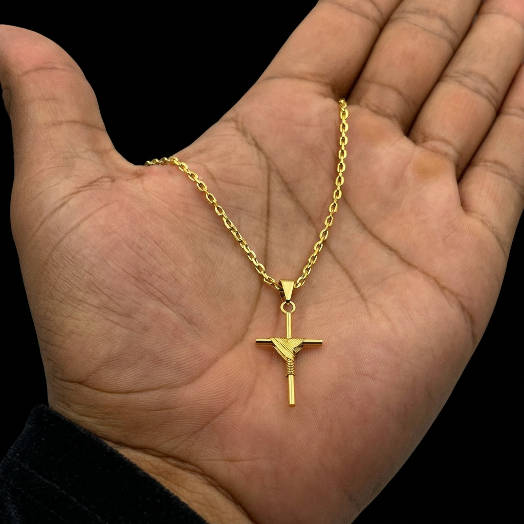 CORRENTE CADEADO 2MM - 70CM + PINGENTE CRUZ ENROLADA (BANHADO A OURO 18K)