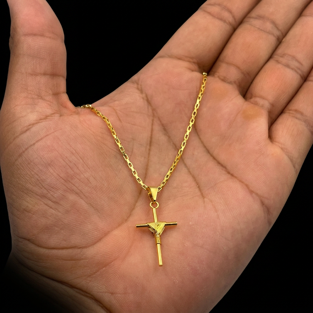 CORRENTE TIJOLINHO 1,5MM - 70CM + PINGENTE CRUZ ENROLADA PEQUENO (BANHADO A OURO 18K)