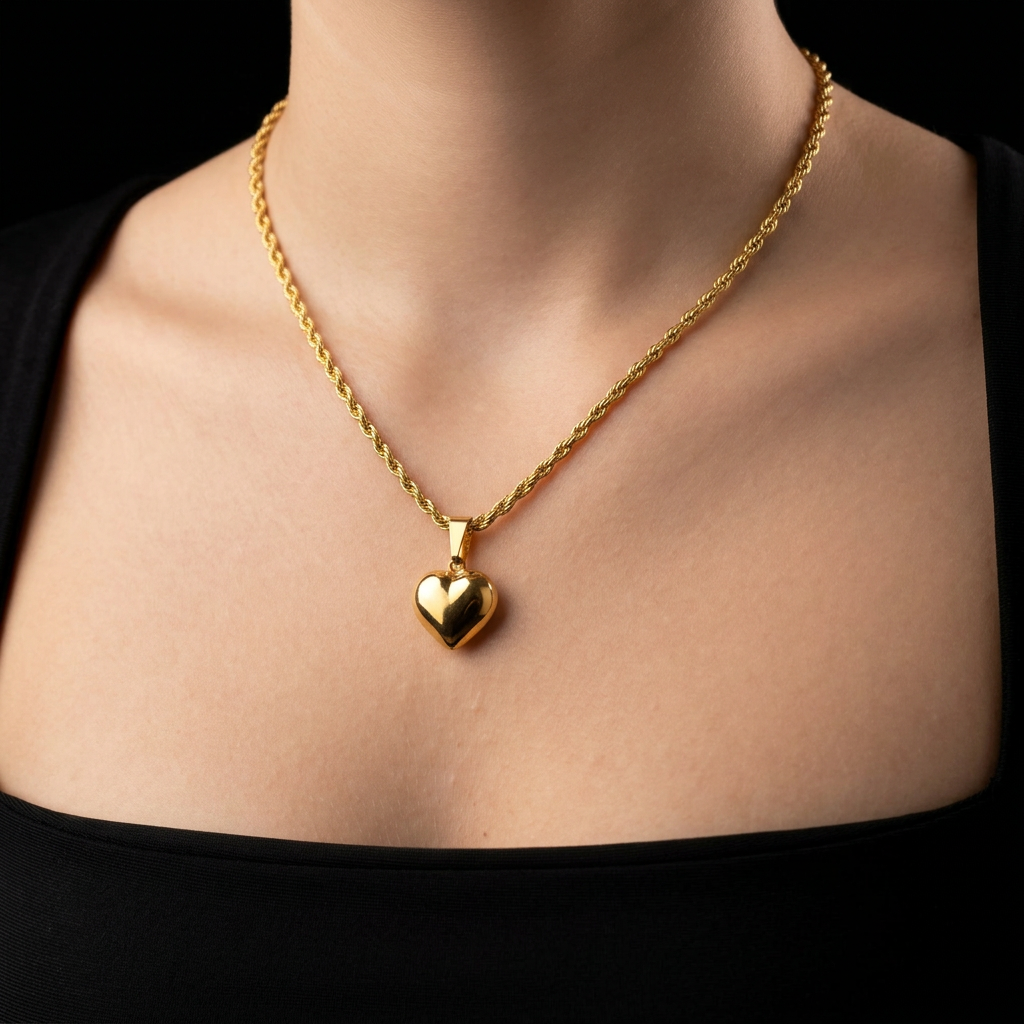 CORRENTE ELO BAIANO 2,5MM - 45CM + PINGENTE CORAÇÃO BOLEADO PEQUENO - BANHADO A OURO 18K