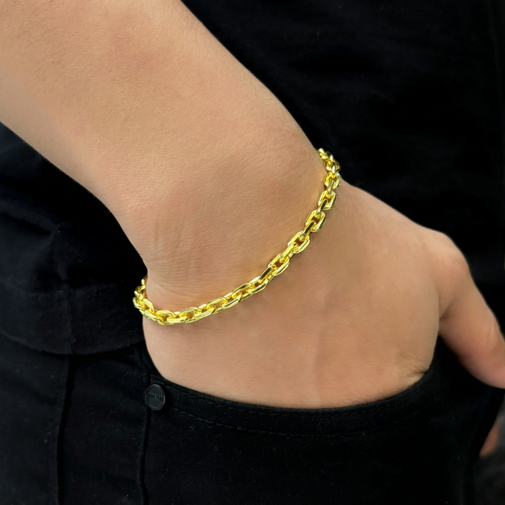 PULSEIRA CADEADO DE QUINA 5MM - 21CM (FECHO BOMBA) - BANHADO A OURO 18K