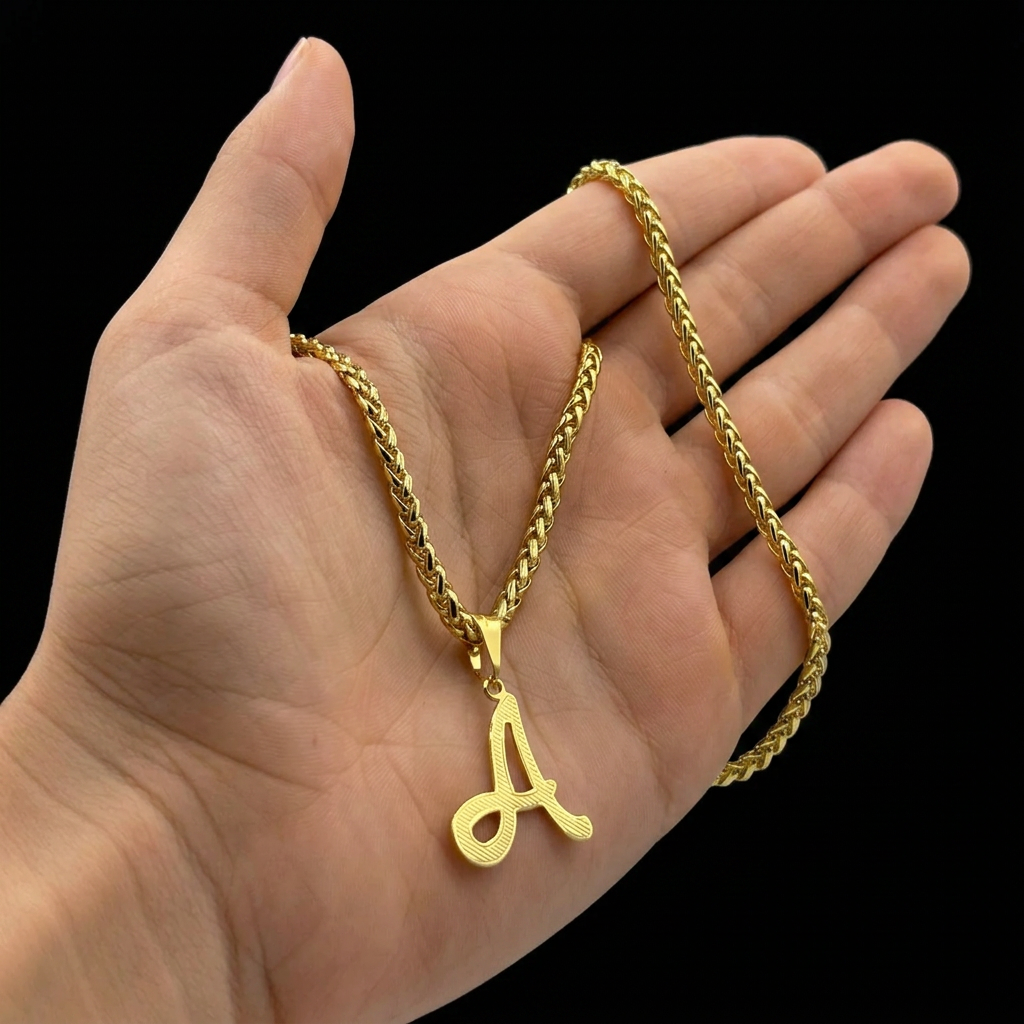 CORRENTE PERUANO 3MM - 45CM (FECHO BOMBA) + PINGENTE LETRA A VAZADA - BANHADO A OURO 18K