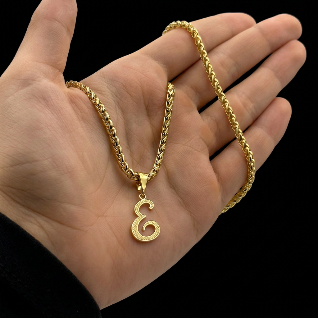 CORRENTE PERUANO 3MM - 45CM (FECHO BOMBA) + PINGENTE LETRA E VAZADA - BANHADO A OURO 18K