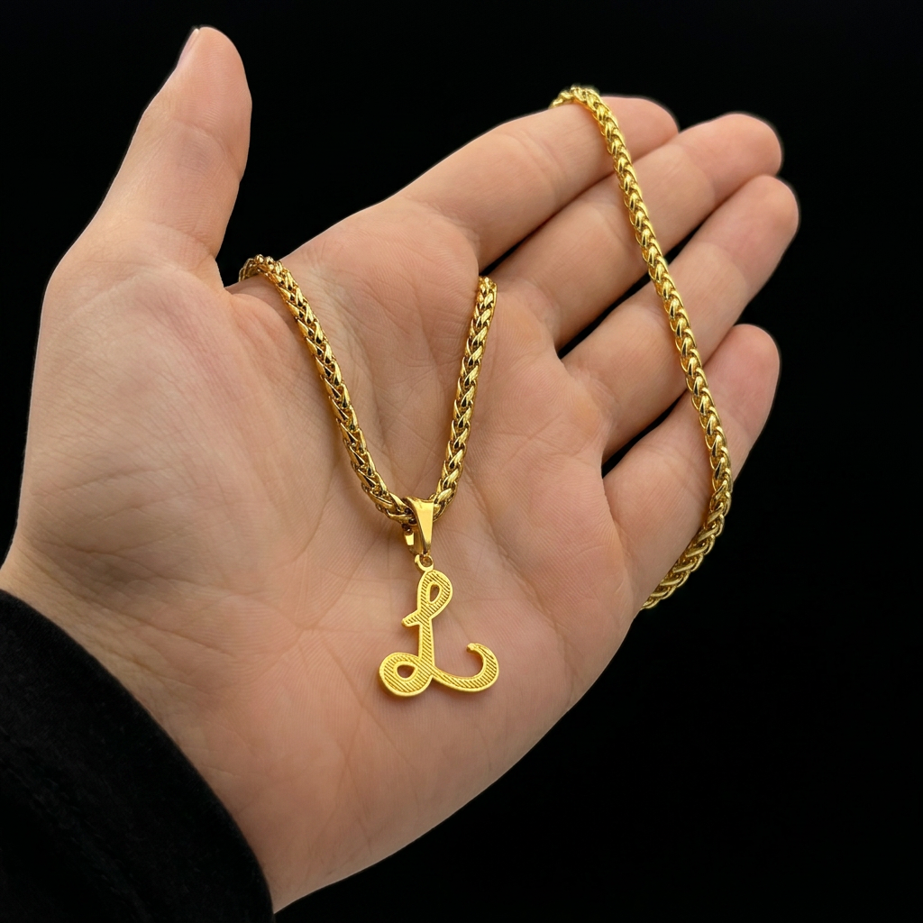 CORRENTE PERUANO 3MM - 45CM (FECHO BOMBA) + PINGENTE LETRA L VAZADA - BANHADO A OURO 18K