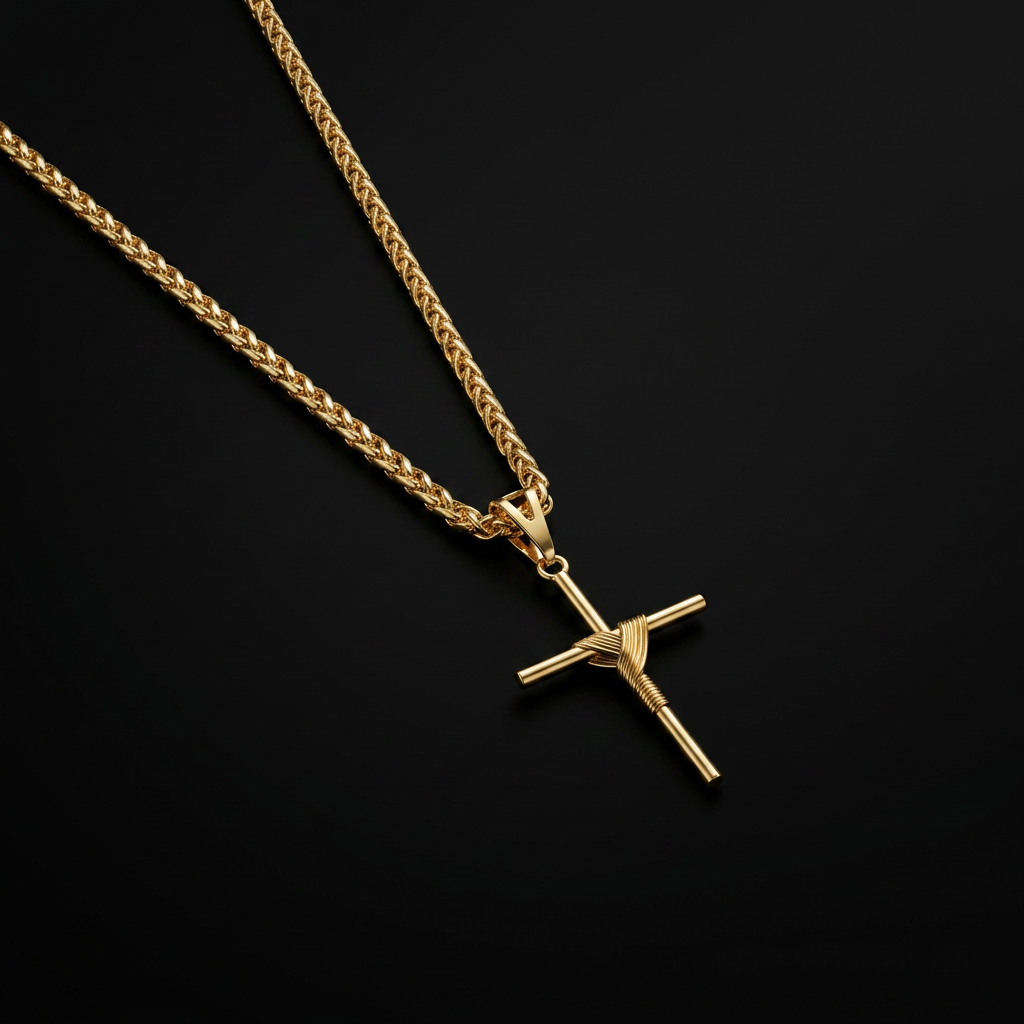 CORRENTE PERUANA 3MM - 70CM (FECHO BOMBA) + PINGENTE CRUZ ENROLADA MÉDIA (BANHADO A OURO 18K)