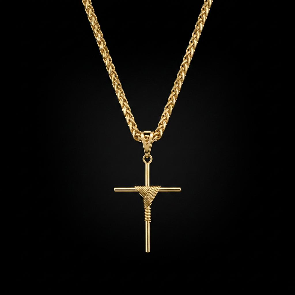 CORRENTE PERUANA 3MM - 70CM (FECHO BOMBA) + PINGENTE CRUZ ENROLADA MÉDIA (BANHADO A OURO 18K)